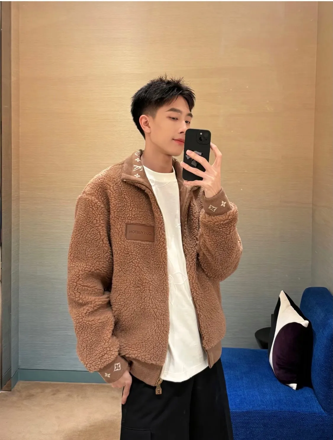 Louis Vuitton/Louis Vuitton 24Fw leather sherpa stand collar jacket